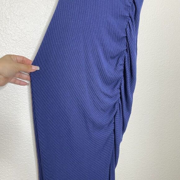 Rachel Pally Dress Medium Blue Rib Sleeveless Knit Maxi Long High Neck Shirred - Picture 8 of 11